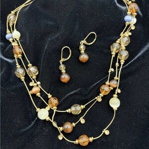 Gold and Brown Beaded Necklace and Earring Set